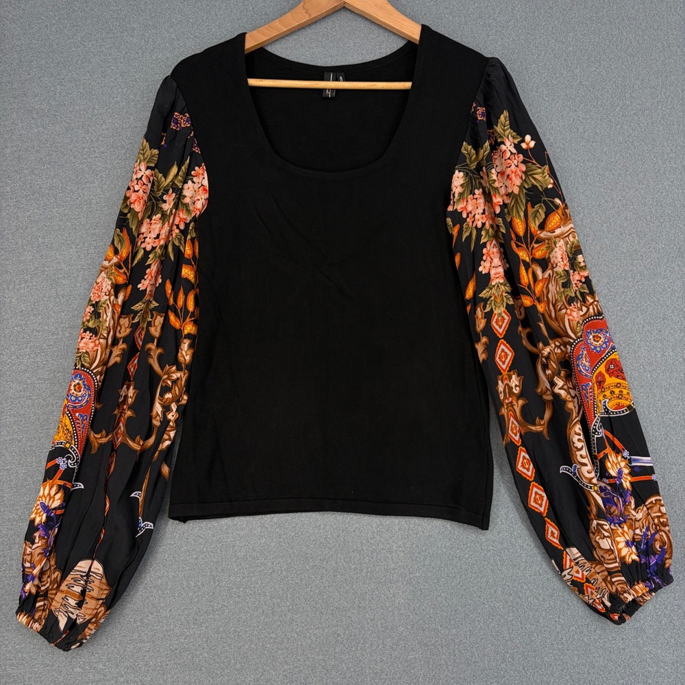 Blank London Black Mixed Media Floral Paisley Balloon Sleeve Knit Top Medium Fal